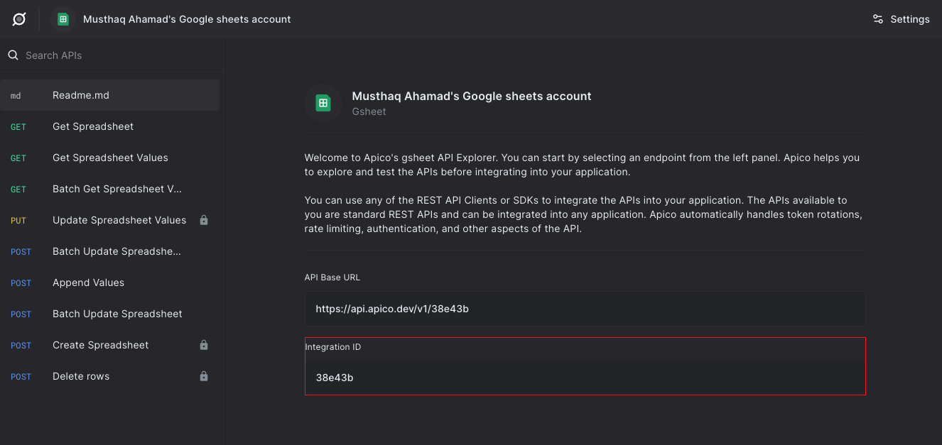 Apico google sheets integration id
