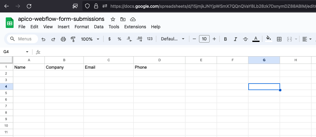 Google sheets column header setup