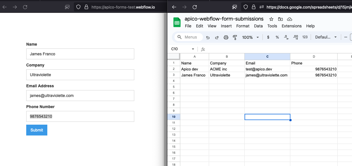 Webflow request final to google sheets